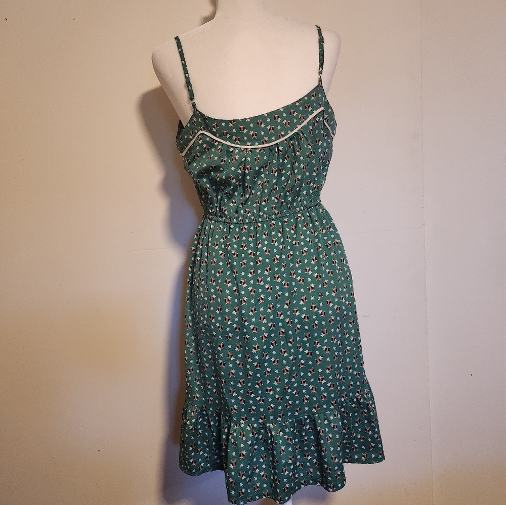 Vintage Green Owl Print Fit And Flare Silk Blend Ruffle Hem Sundress Large L EUC - Picture 3 of 7